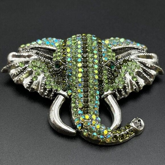 Silver with Emerald Peridot Green and AB Crystal Tusked Elephant Pin Back Brooch - Picture 2 of 10